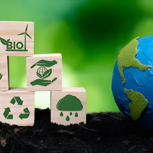 Ilustrasi konsep keberlanjutan lingkungan dalam Life Cycle Assessment (LCA) PROPER, menampilkan simbol energi terbarukan, daur ulang, efisiensi sumber daya, dan perlindungan bumi sebagai dasar penilaian kinerja PROPER Hijau dan Emas.