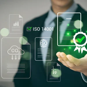 Ilustrasi perbandingan sertifikasi lingkungan vs ISO 14001 yang menampilkan dokumen ISO, audit lingkungan, dan simbol keberlanjutan perusahaan.