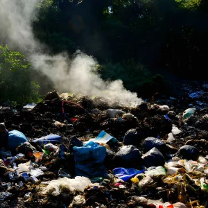 Tumpukan sampah plastik dan limbah rumah tangga mengeluarkan asap tebal di area terbuka dekat hutan, menggambarkan pencemaran lingkungan akibat pembakaran sampah ilegal, menegaskan bahwa incinerator sampah dilarang karena berdampak buruk bagi kesehatan dan alam.