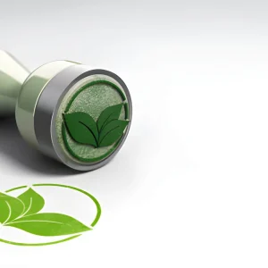 Ilustrasi stempel berwarna hijau dengan simbol daun yang melambangkan jenis sertifikasi lingkungan untuk industri sebagai tanda kepatuhan dan komitmen terhadap regulasi lingkungan.