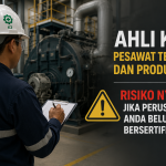 Ilustrasi ahli-K3-pesawat-tenaga-dan-produksi sedang melakukan inspeksi mesin industri di area pabrik dengan perlengkapan keselamatan kerja lengkap. Poster menampilkan peringatan risiko nyata bagi perusahaan yang belum bersertifikat K3 pesawat tenaga dan produksi, dengan latar mesin boiler dan suasana industri profesional.
