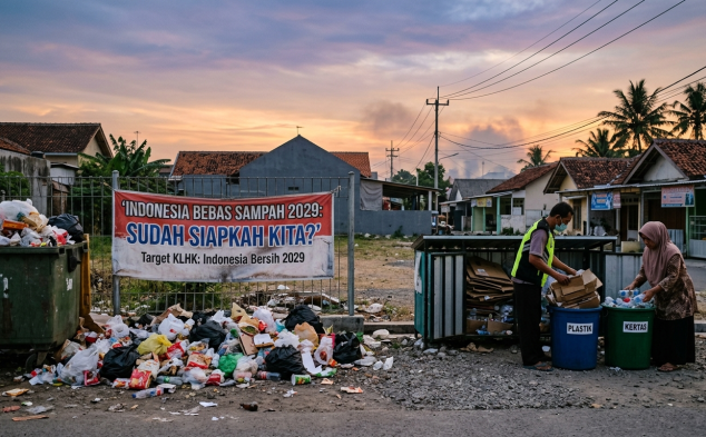 Indonesia bebas sampah 2029: warga memilah sampah plastik dan kertas di lingkungan perumahan dengan latar tumpukan sampah dan banner kampanye kesiapan Indonesia bersih 2029