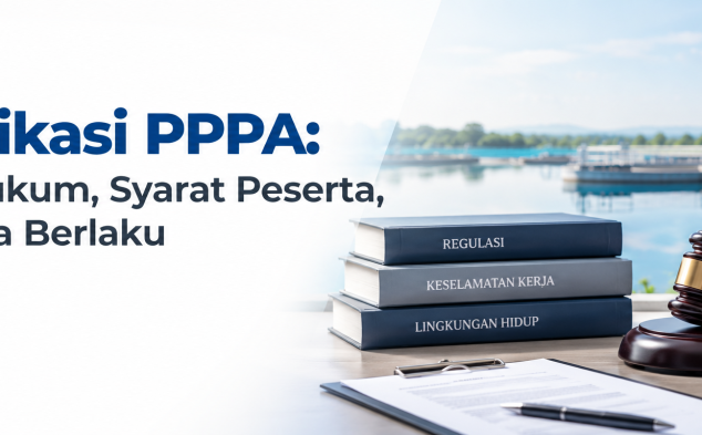 Sertifikasi PPPA: dasar hukum, syarat peserta, masa berlaku; buku regulasi, palu hakim, dan helm K3 berlatar IPAL