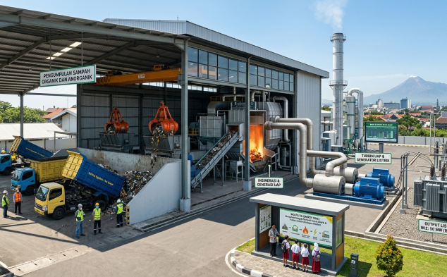 Waste to energy adalah proses pengolahan sampah menjadi energi listrik yang ditunjukkan pada fasilitas modern dengan truk pengangkut sampah, sistem pemilahan organik dan anorganik, insinerator pembakar limbah, serta turbin uap dan generator listrik yang menghasilkan energi bersih di area industri.
