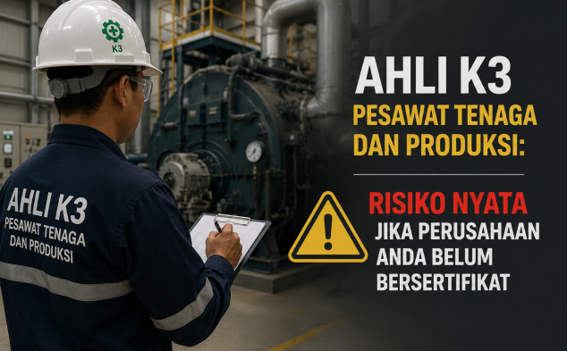 Ilustrasi ahli-K3-pesawat-tenaga-dan-produksi sedang melakukan inspeksi mesin industri di area pabrik dengan perlengkapan keselamatan kerja lengkap. Poster menampilkan peringatan risiko nyata bagi perusahaan yang belum bersertifikat K3 pesawat tenaga dan produksi, dengan latar mesin boiler dan suasana industri profesional.